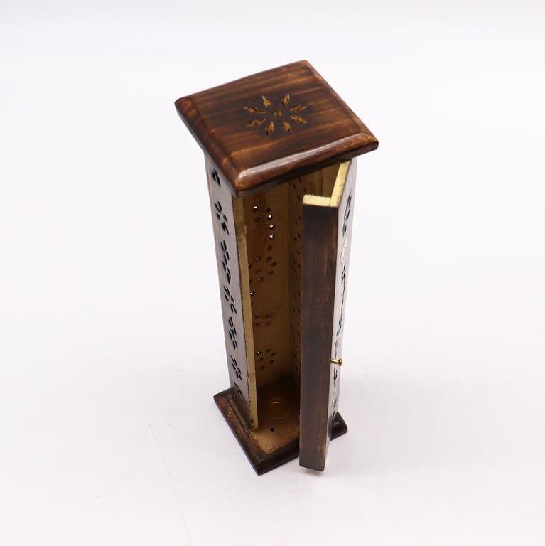 Square Brass Inlay Mango Wood Incense Tower - Elegant Wooden Holder with Burner