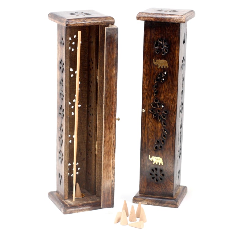 Square Brass Inlay Mango Wood Incense Tower - Elegant Wooden Holder with Burner