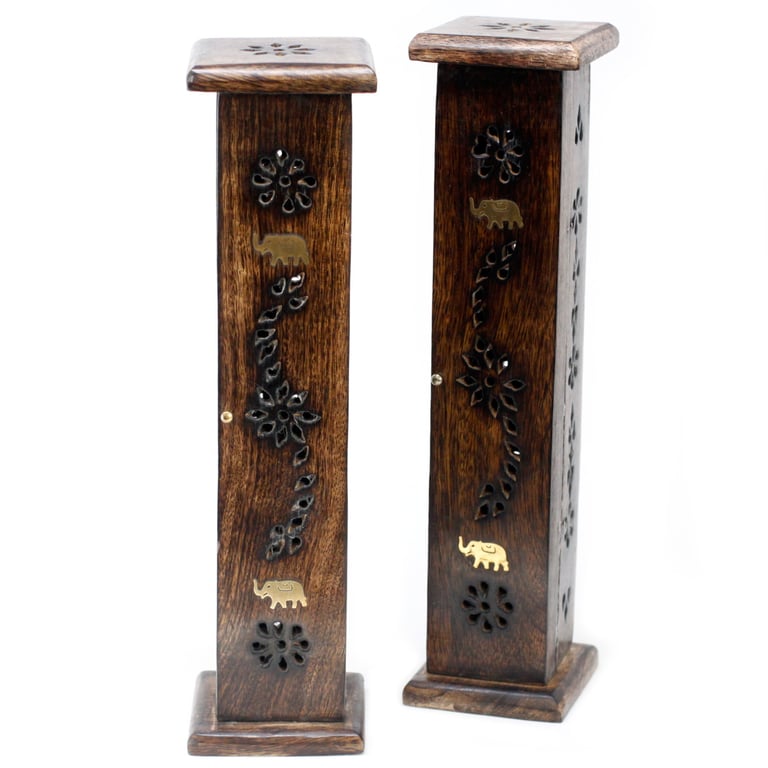 Square Brass Inlay Mango Wood Incense Tower - Elegant Wooden Holder with Burner