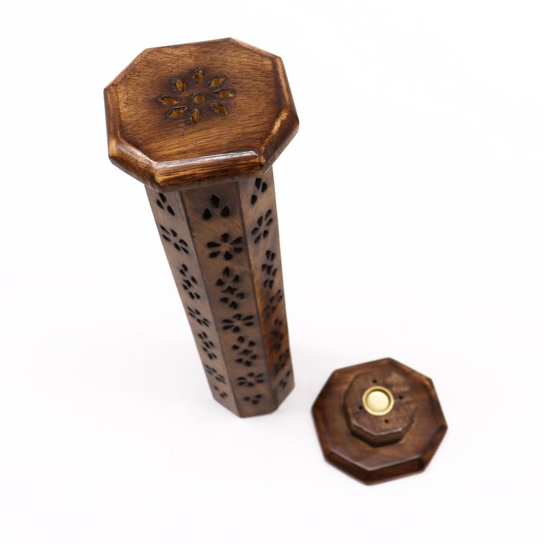 Mango Wood Hexagonal Tower - Natural Wooden Home Storage & Decor with Multifunctional Shelf