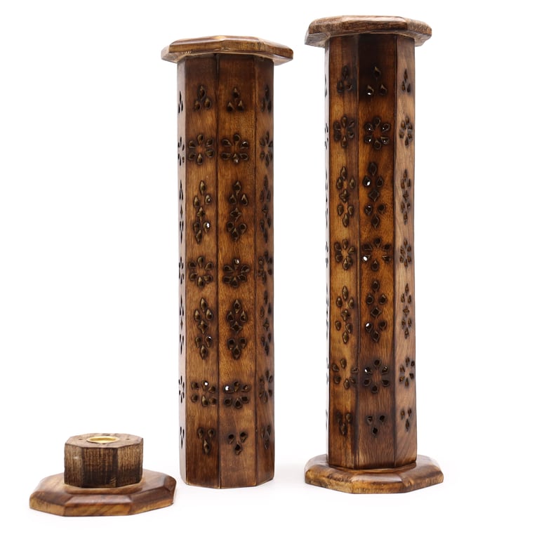 Mango Wood Hexagonal Tower - Natural Wooden Home Storage & Decor with Multifunctional Shelf