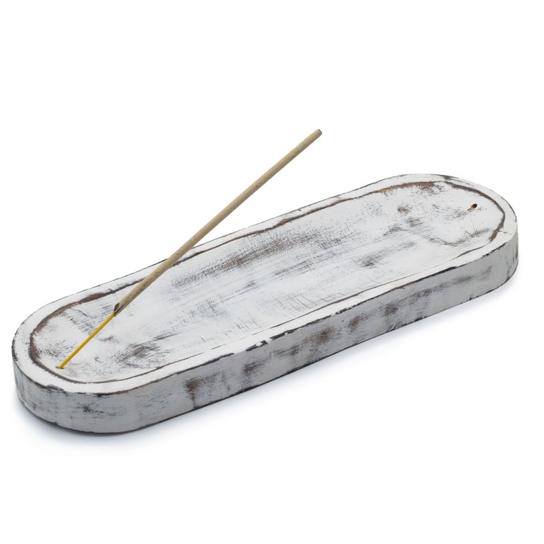 Classic Whitewash Large Incense Tray 30x10cm - Elegant White Washed Incense Holder and Dish for Relaxation