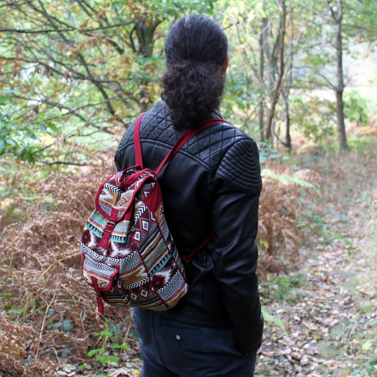 Chocolate Leather Jacquard Backpack - Spacious Compartments - Jacquard Brand