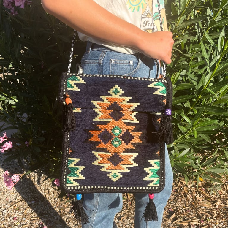 Messenger Bag - Dark Navy Kilim Pattern - Festival Style