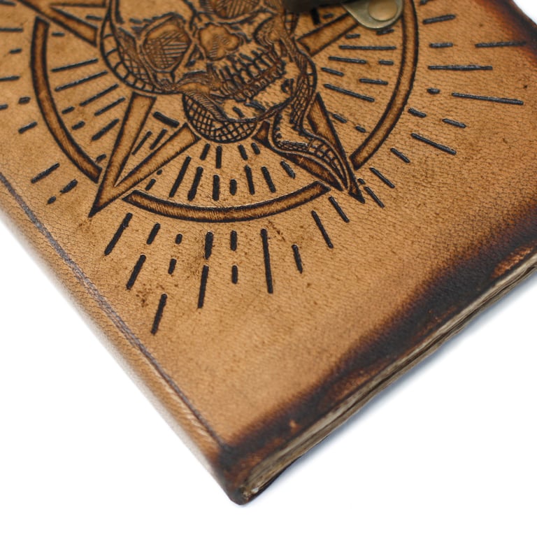 7x5 Leather Skull Notebook - Pentagon Design & Burned Detail - Premium Edition