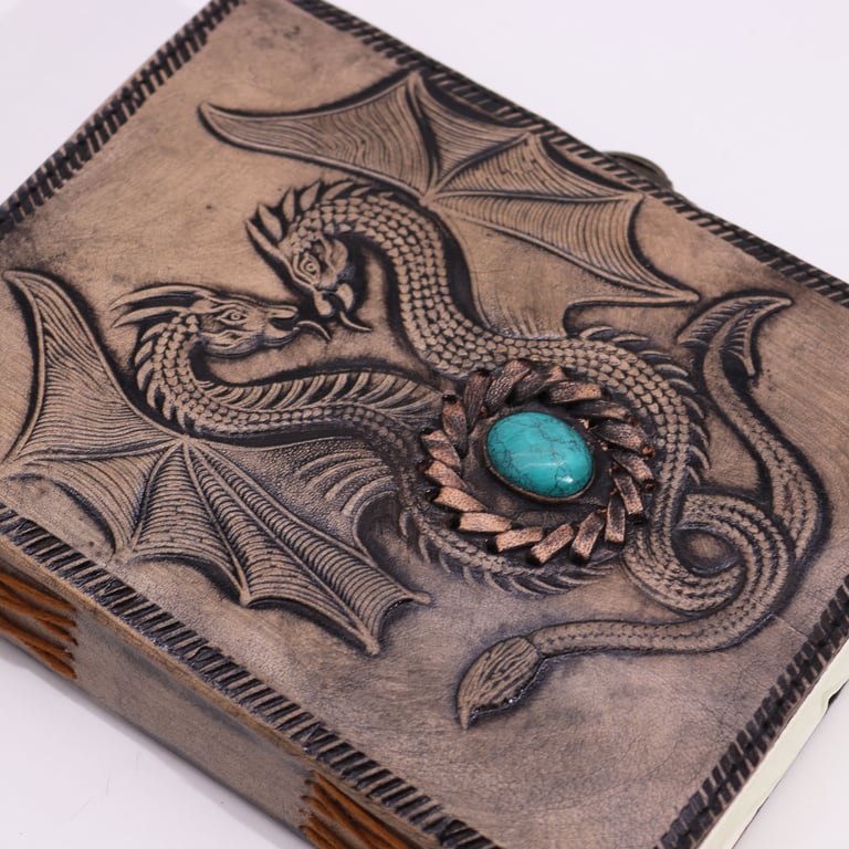 Two Dragons esoteric notebook with antique grey cover, 200 pages, 17.5x12.5x3cm, featuring a stitched edge.
