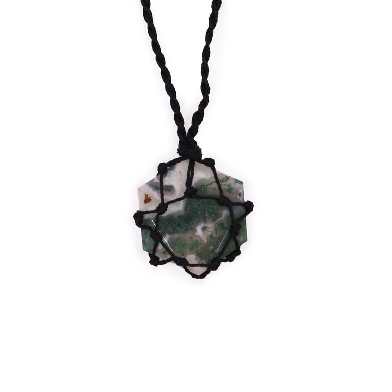 Moss Agate Laced Gemstone Hexagon Pendant - Elegant Stone Jewelry Necklace