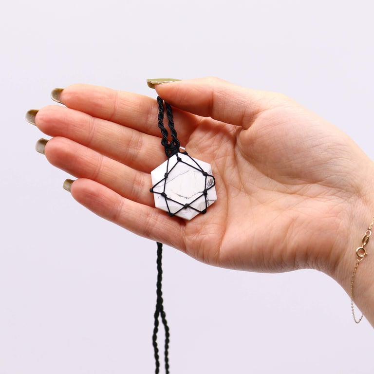 Laced Gemstone White Howlite Hexagon Pendant Necklace - Boho Chic Jewelry