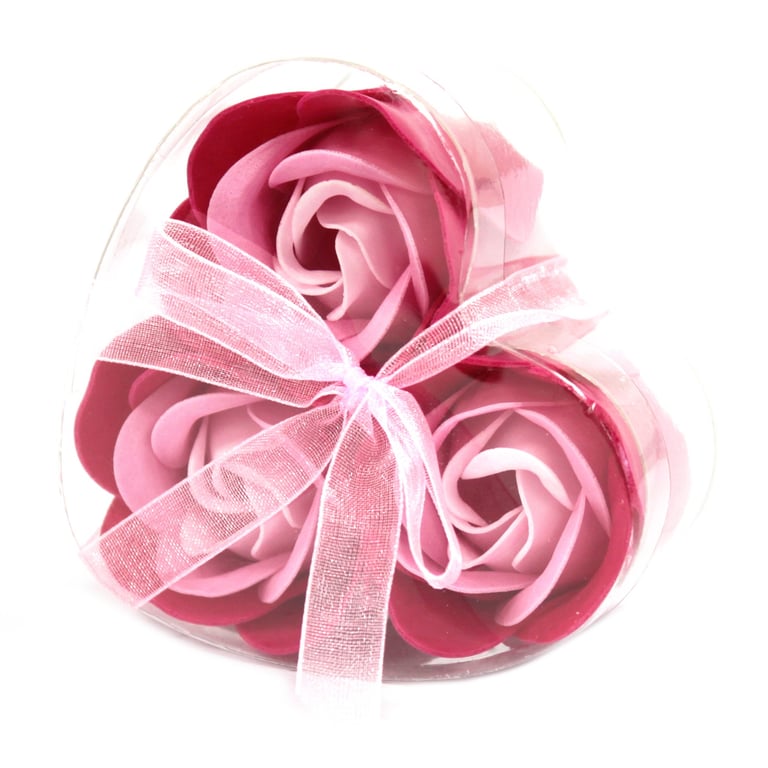 Set of 3 Soap Flower Heart Box - Pink Roses Beauty Gift for Home Decor and Wedding Favors