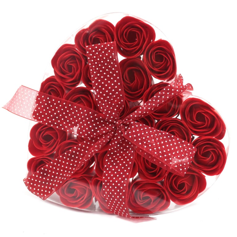 Set of 24 Soap Flower Heart Box - Red Roses for Valentines Day Gift