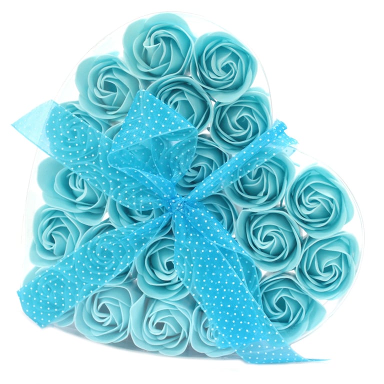 Set of 24 Heart Shaped Soap Flowers - Blue Rose Bouquet Gift Box