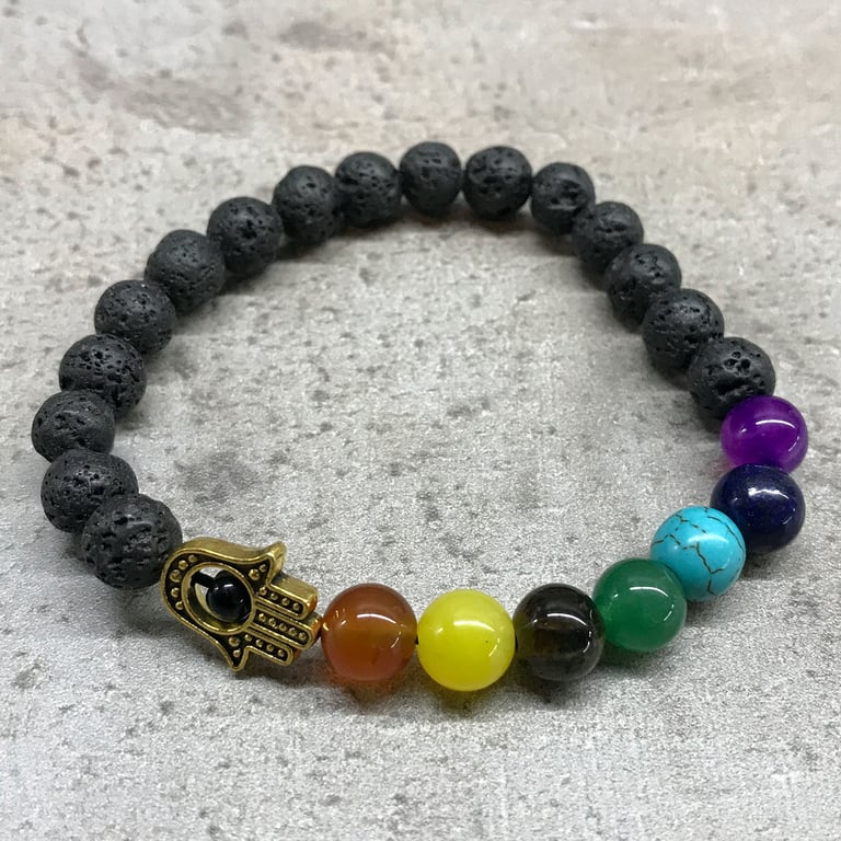 Lava Stone Hamsa Chakra Protection Energy Bracelet - Spiritual Jewelry