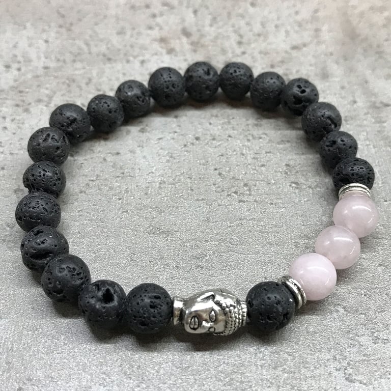 Lava Stone Buddha Rose Quartz Healing Bracelet - Natural Spiritual Energy