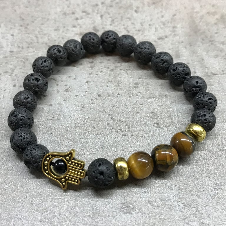 Lava Stone Hamsa Tiger-Eye Protective Energy Bracelet