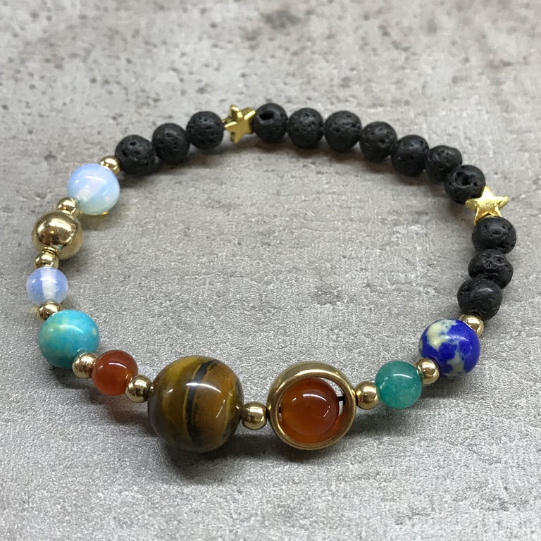 Natural Lava Stone Gold Solar System Astrology Bracelet