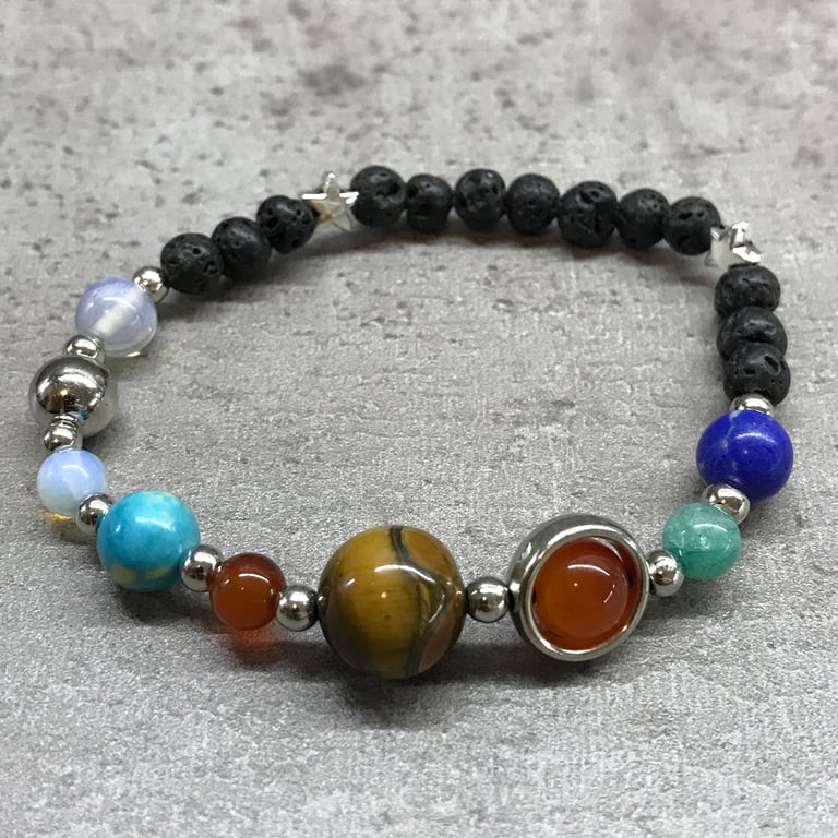 Silver Solar System Lava Stone Bracelet - Unique Celestial Home Decor Jewelry