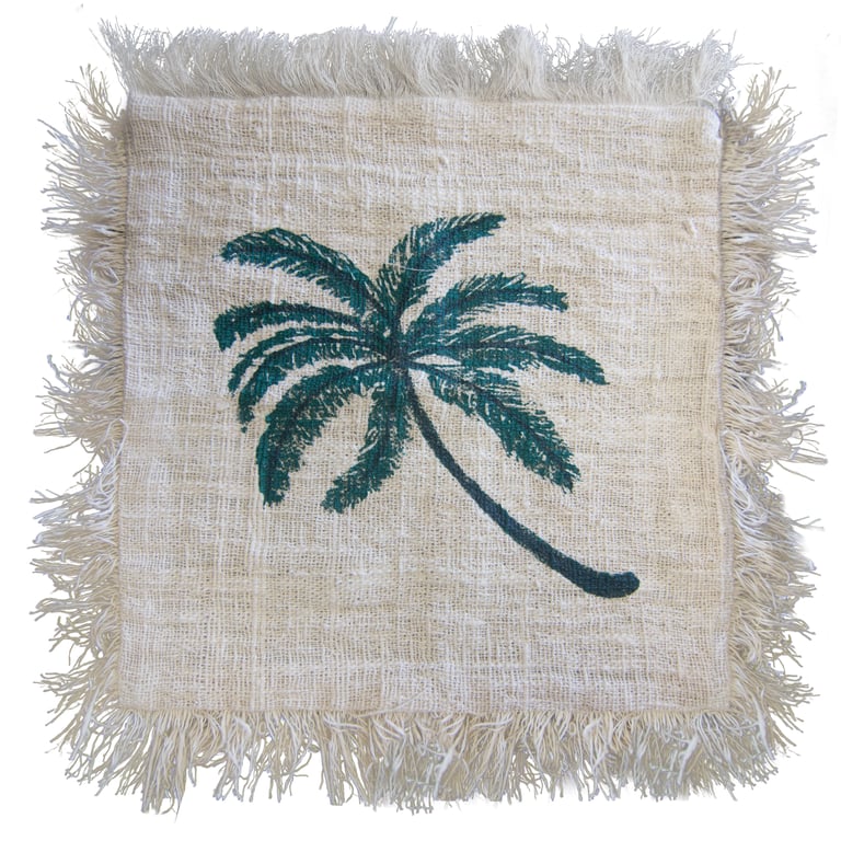 Linen Palm Tree Cushion Cover, 45x45cm, Tropical Home Decor with Fringe Trim