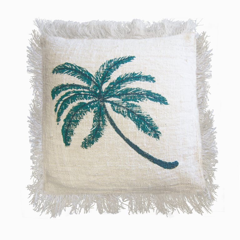 Linen Palm Tree Cushion Cover, 45x45cm, Tropical Home Decor with Fringe Trim