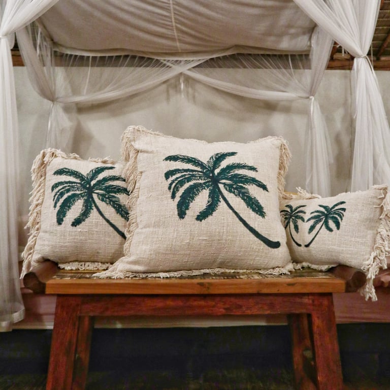 Linen Palm Tree Cushion Cover - 30x50cm Fringed Linen Design