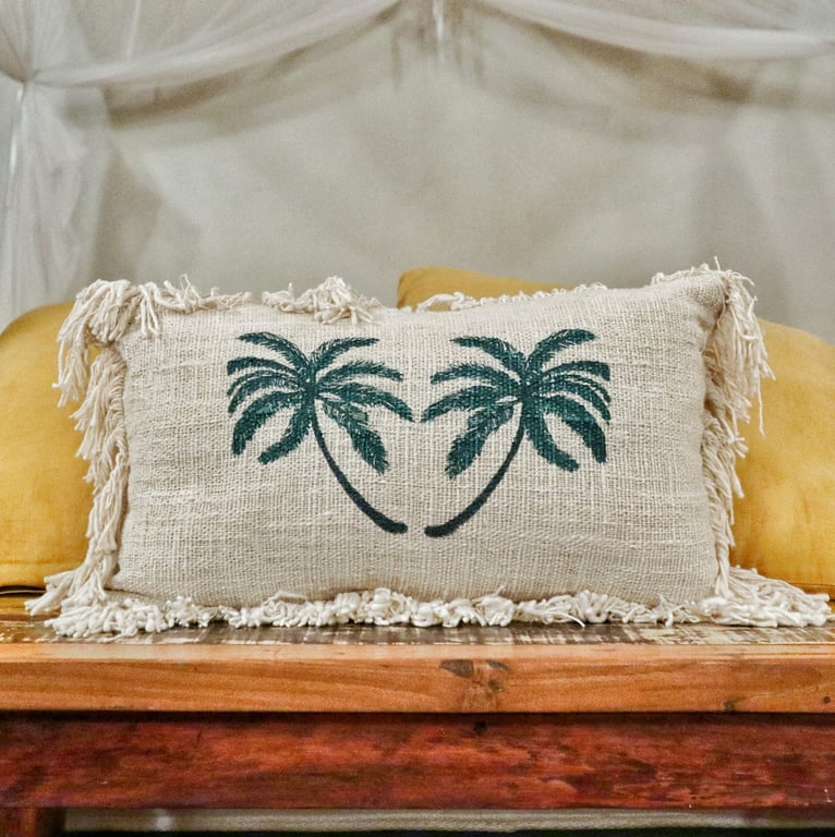 Linen Palm Tree Cushion Cover - 30x50cm Fringed Linen Design