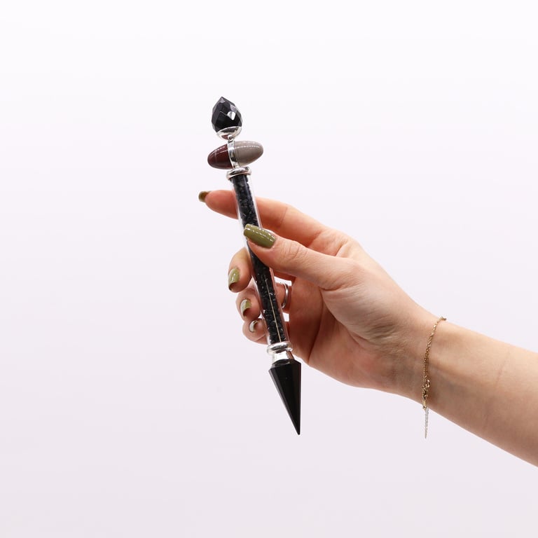Black Tourmaline & Agate Protection Wand - Shiva Lingam Magic Tool