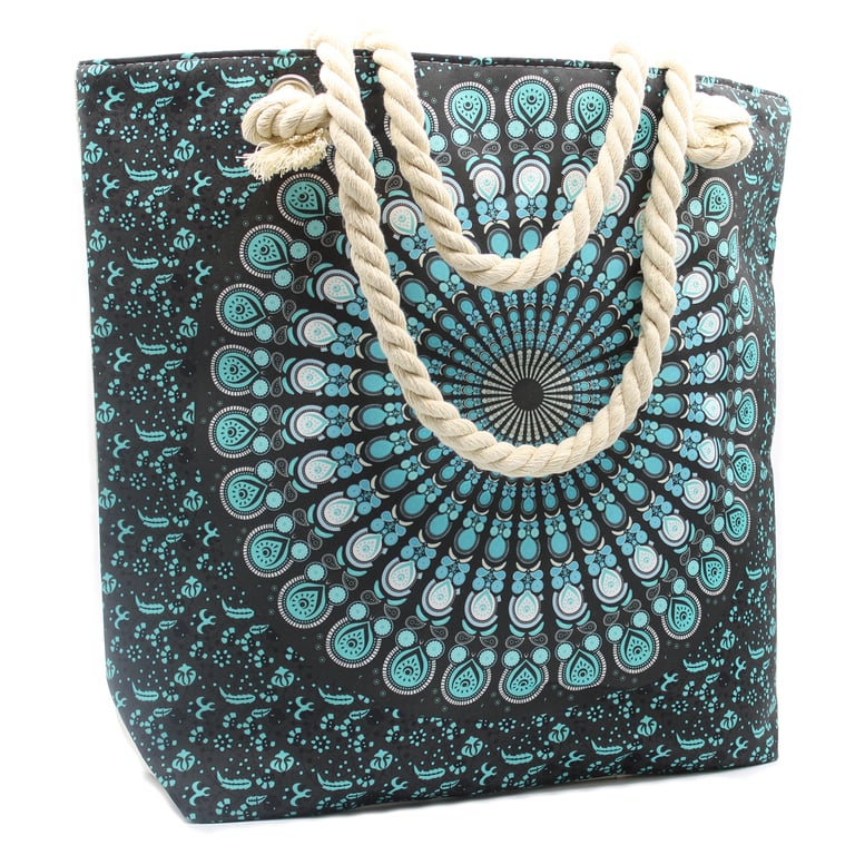 Handmade Rope Handle Deep Blue Mandela Beach Bag - Eco Friendly and Sustainable