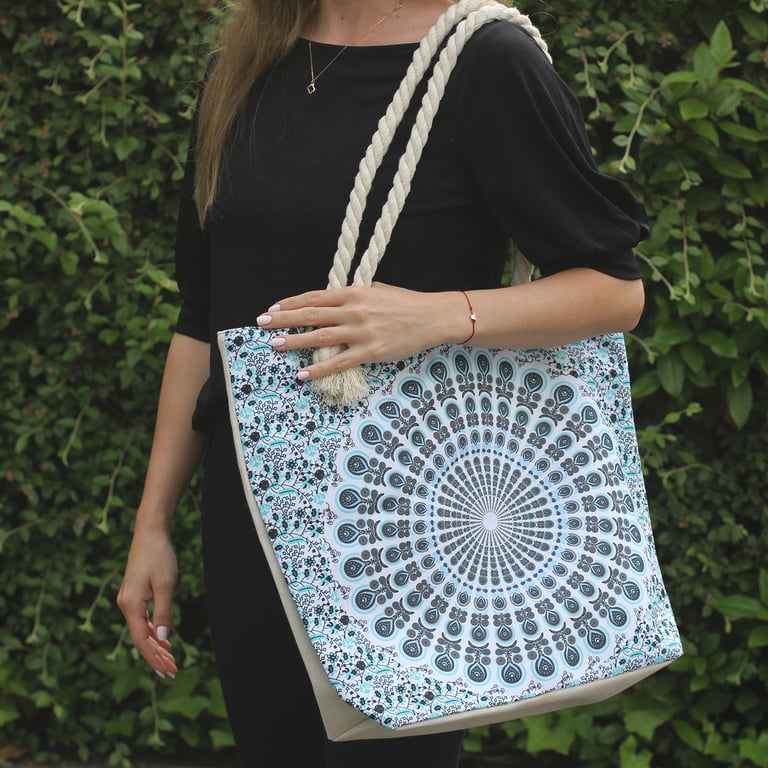 Handmade Rope Handle Deep Blue Mandela Beach Bag - Eco Friendly and Sustainable