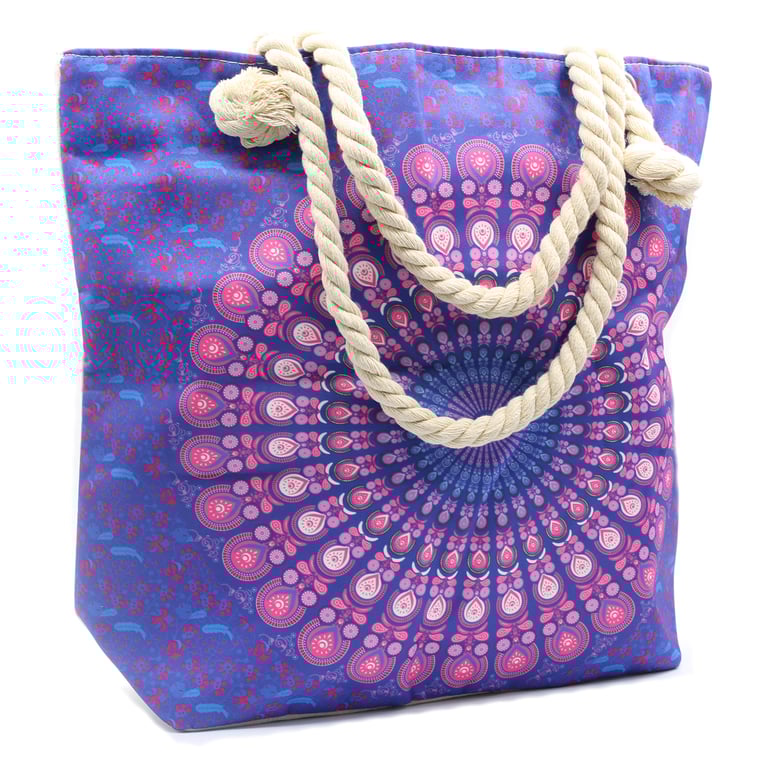 Rope Handle Handwoven Mandela Bag - Purple Blue Ethnic Design