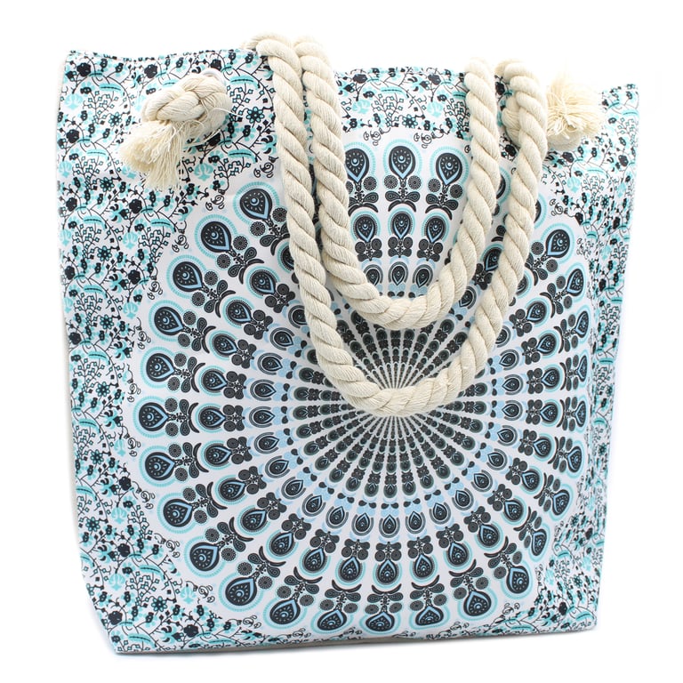 Handmade Rope Handle Mandela Bag - Sky Blue Cotton Tote
