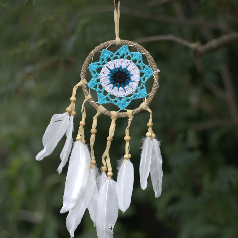 12cm Macramé Dream Catcher (Pastel Blue) - Handcrafted Artwork for Home Decor