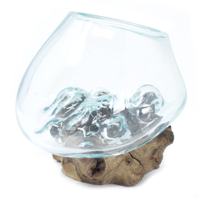 Handblown Glass Bowl on Wood (Small) - Durable & Artisan Crafted