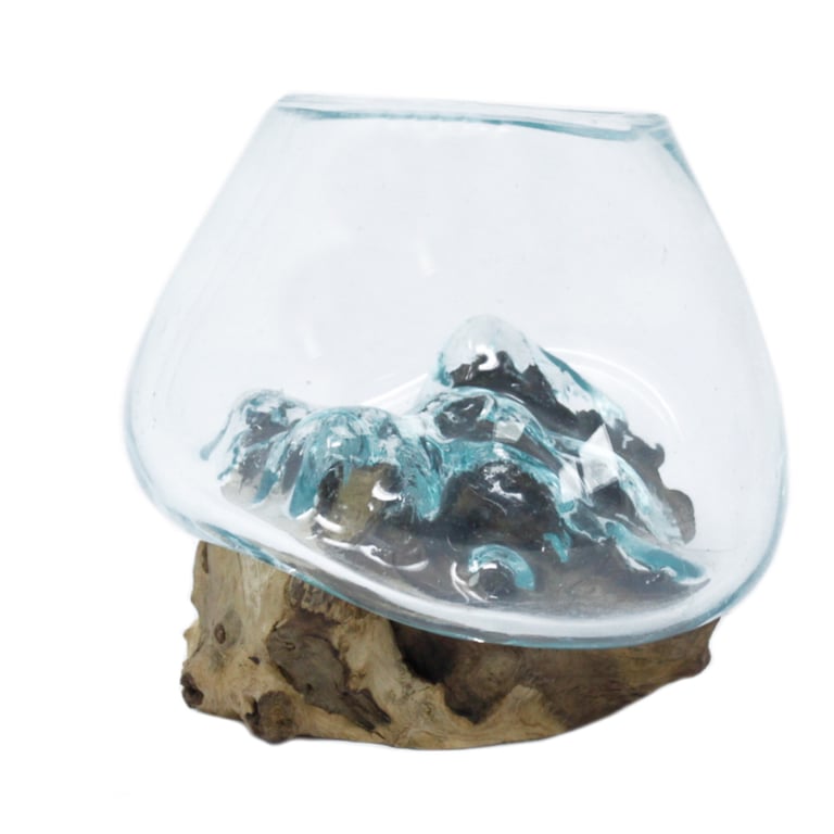 Handblown Glass Bowl on Wood (Small) - Durable & Artisan Crafted