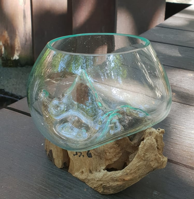 Handblown Glass Bowl on Wood (Small) - Durable & Artisan Crafted