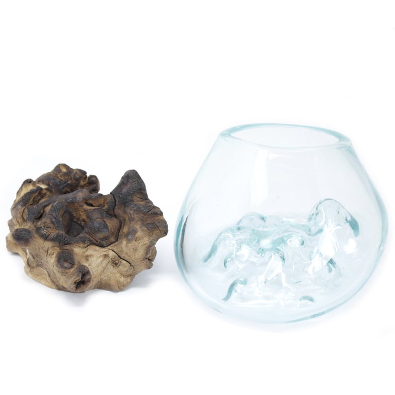 Handblown Glass Bowl on Wood (Small) - Durable & Artisan Crafted