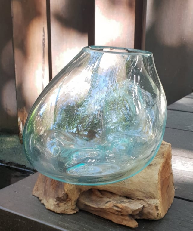Glass Bowl on Wood (Medium) - Handcrafted Molten Design