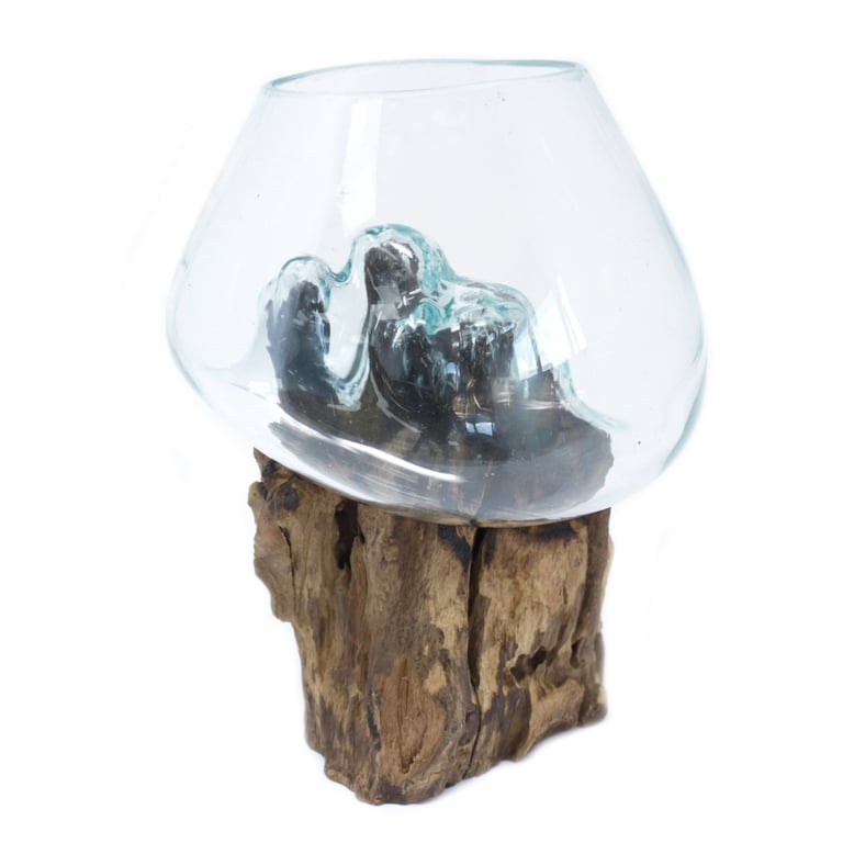 Large Molten Glass Bowl - Durable Wood Construction - Artisan Crafted