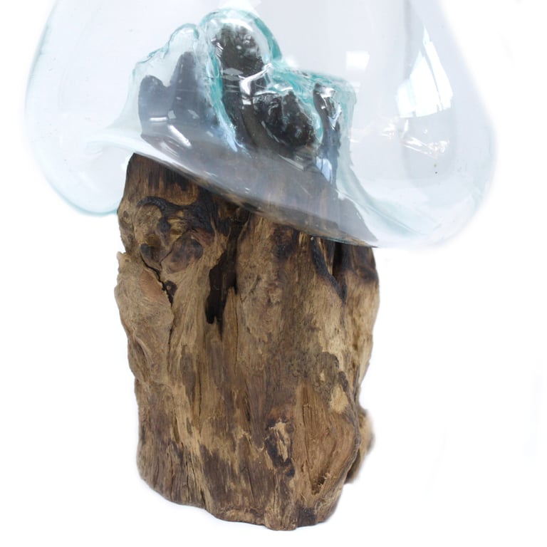Large Molten Glass Bowl - Durable Wood Construction - Artisan Crafted