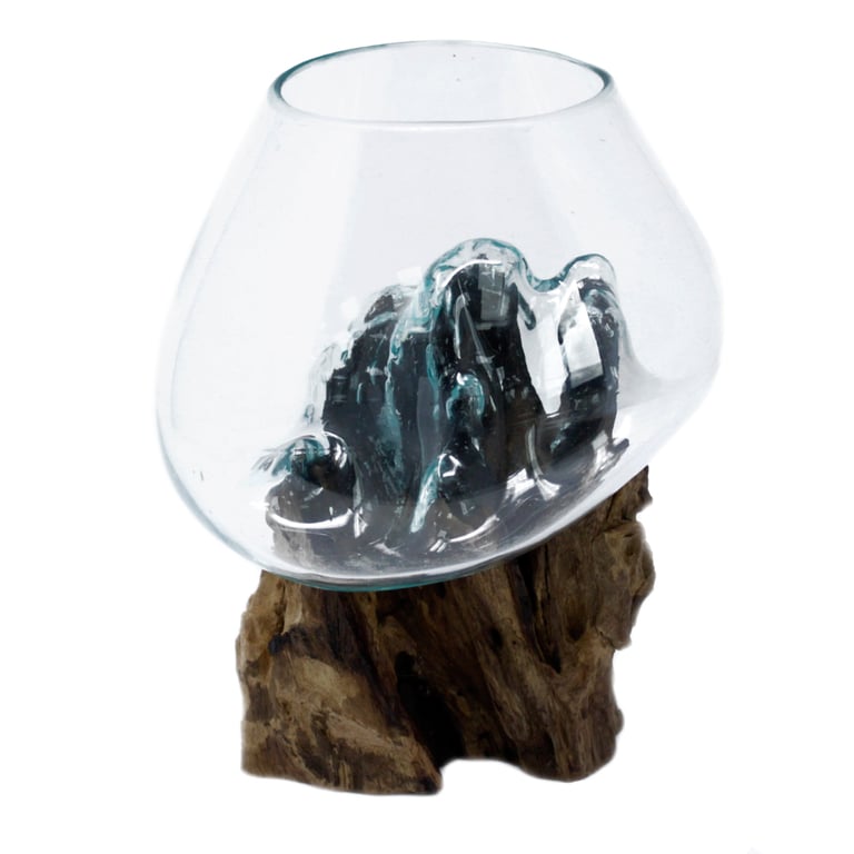Large Molten Glass Bowl - Durable Wood Construction - Artisan Crafted