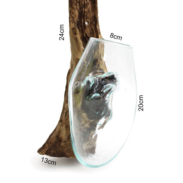 Handblown Glass Hanging Bowl - Decorative Wood Base, Molten Glass Collection
