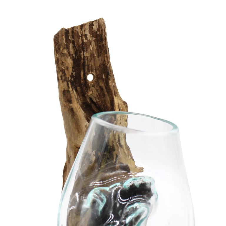 Handblown Glass Hanging Bowl - Decorative Wood Base, Molten Glass Collection