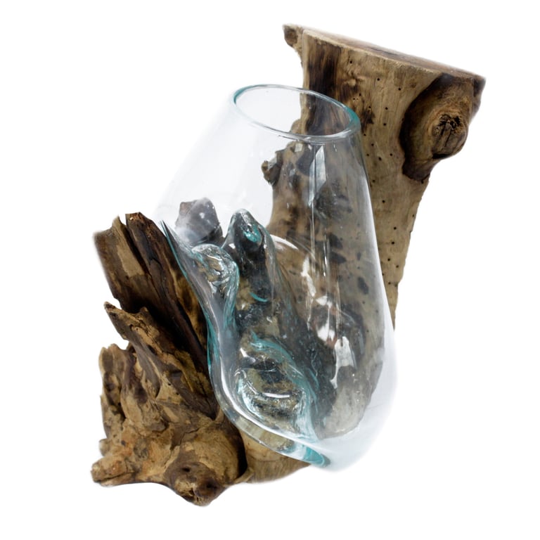 Handblown Glass Hanging Bowl - Decorative Wood Base, Molten Glass Collection