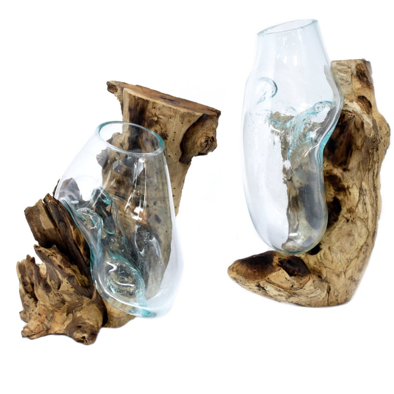 Handblown Glass Hanging Bowl - Decorative Wood Base, Molten Glass Collection
