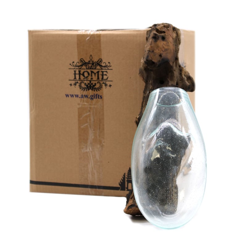 Handblown Glass Hanging Bowl - Decorative Wood Base, Molten Glass Collection