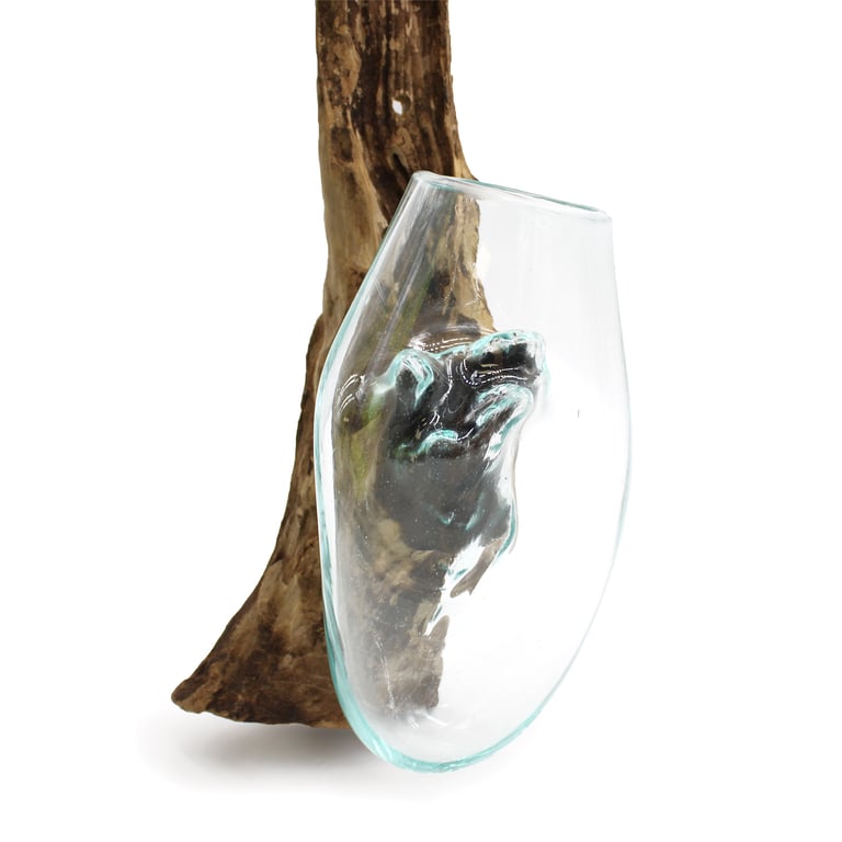 Handblown Glass Hanging Bowl - Decorative Wood Base, Molten Glass Collection