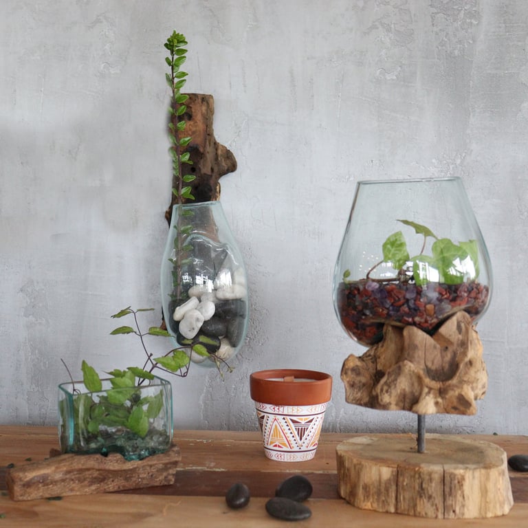 Handblown Glass Hanging Bowl - Decorative Wood Base, Molten Glass Collection
