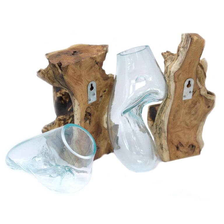 Handblown Glass Hanging Bowl - Decorative Wood Base, Molten Glass Collection