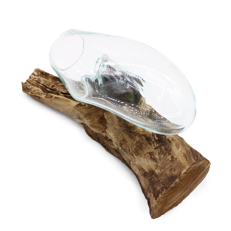 Handblown Glass Hanging Bowl - Decorative Wood Base, Molten Glass Collection