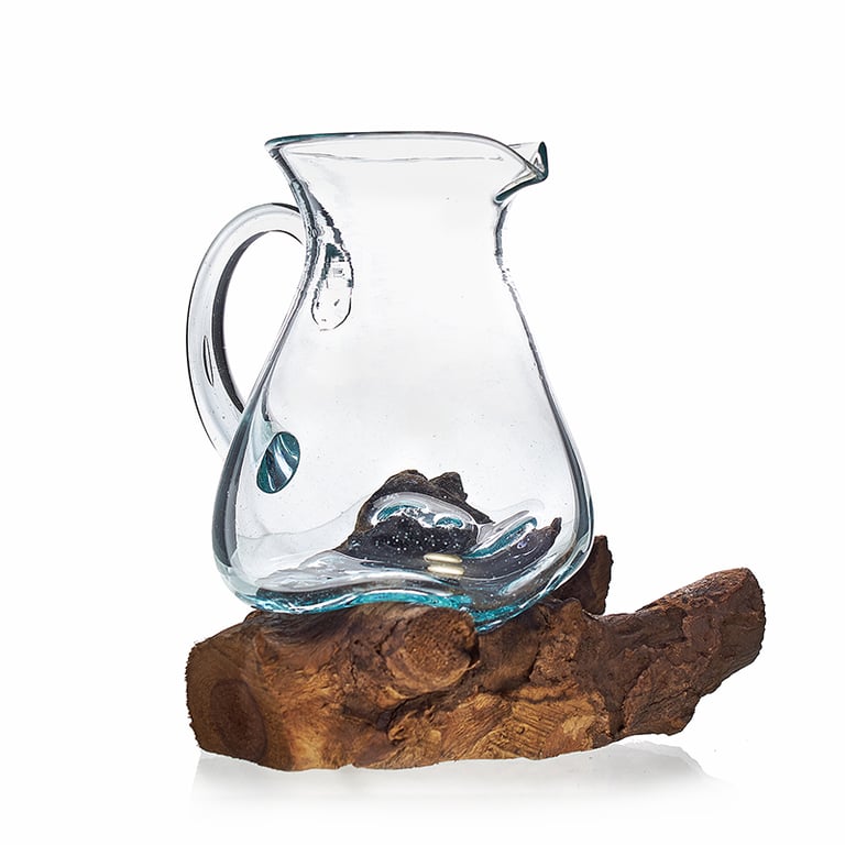 Handblown Glass Water Jug on Wood - Durable & Elegant Design by Artisanal Crafts