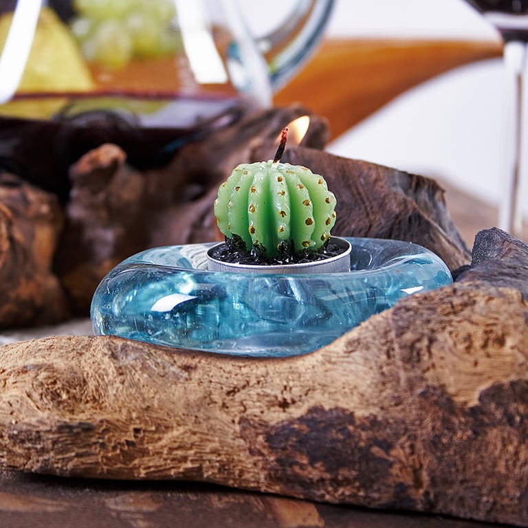 Wooden Candle Holder - Decorative Molten Glass Design