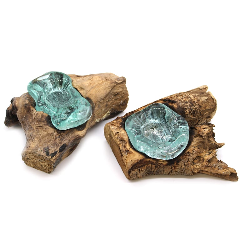Wooden Candle Holder - Decorative Molten Glass Design